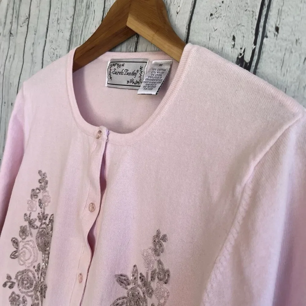 Vintage Sarah Bentley Womens Beaded Cardigan Size M Dainty Pink Grandmacore